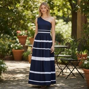 J.Crew Women's Sz 2 Navy White Striped One Shoulder Midi Dress Pockets AP215‎